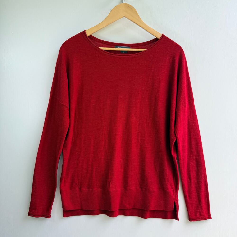 Vince Small Red Cotton Slub Knit Drop Shoulder Boatneck Pullover Sweater Top
